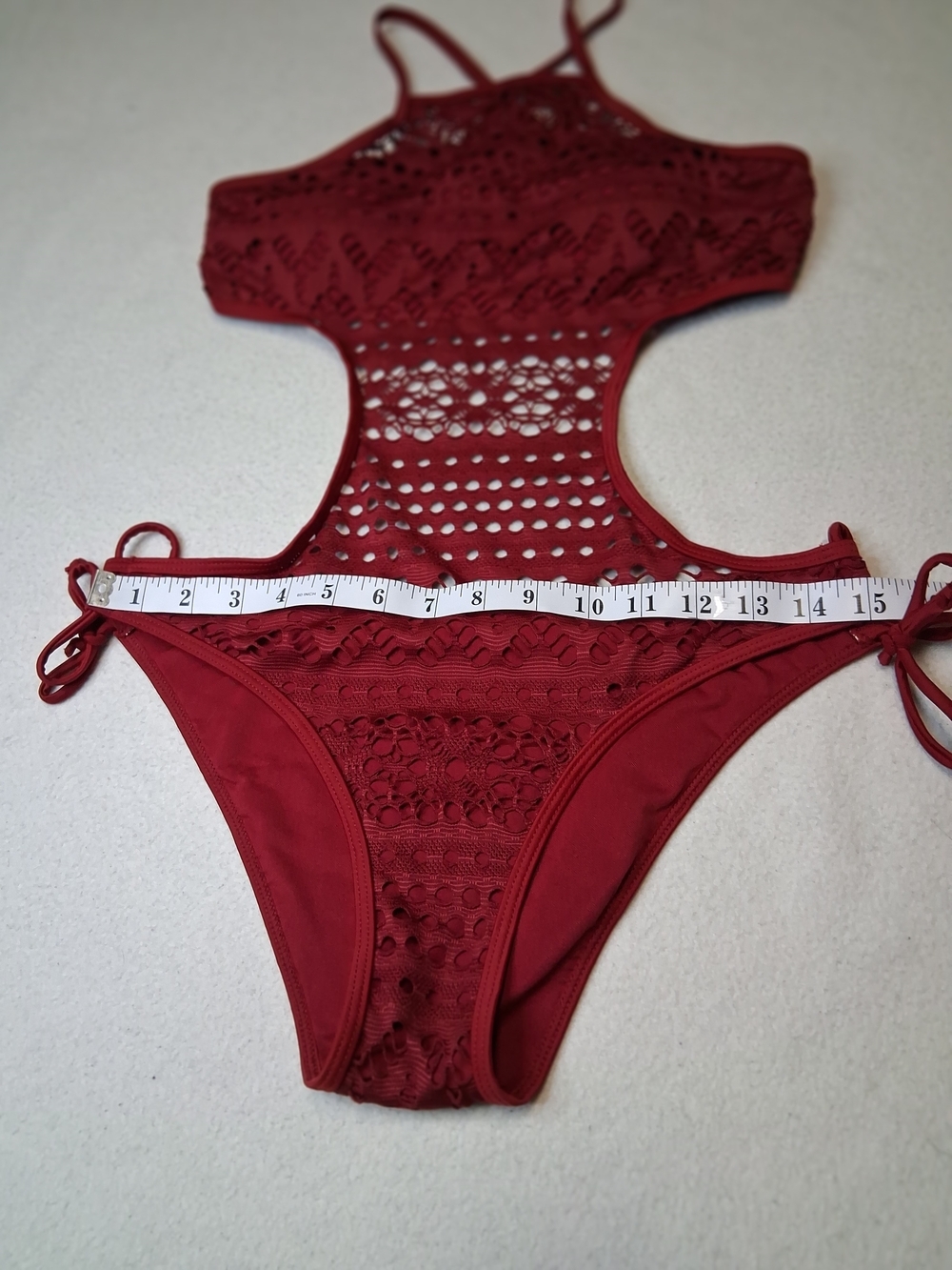 Crochet Cutout One-Piece Swimsuit - Wine Burgundy Crochet Monokini - Picture 10 of 11